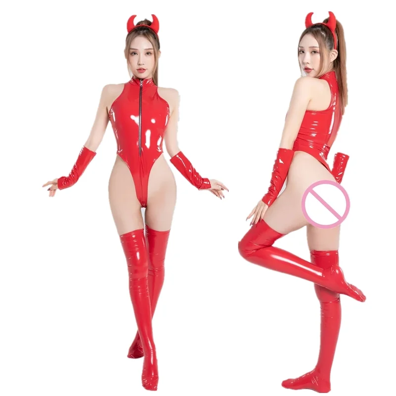 Sexy PU Leather Lingerie Glossy Leather Bodysuits with Devil Ears Headband Socks Gloves Nightclub Zip Exotic Women Latex Catsuit перчатки terror leather gloves white