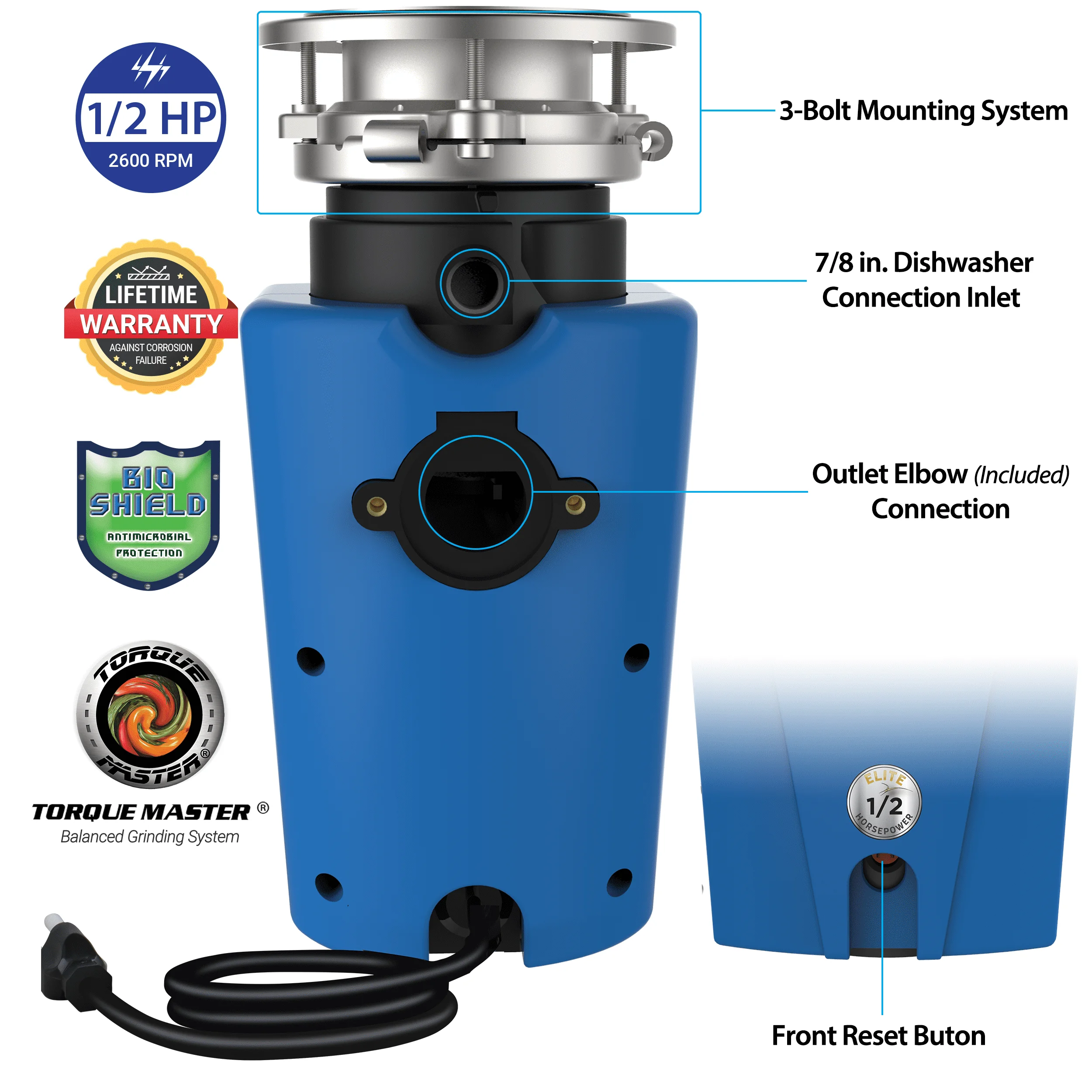 Elite ASE-50 Economy Garbage Disposal 1/2 HP Kitchen Appliance .USA.NEW