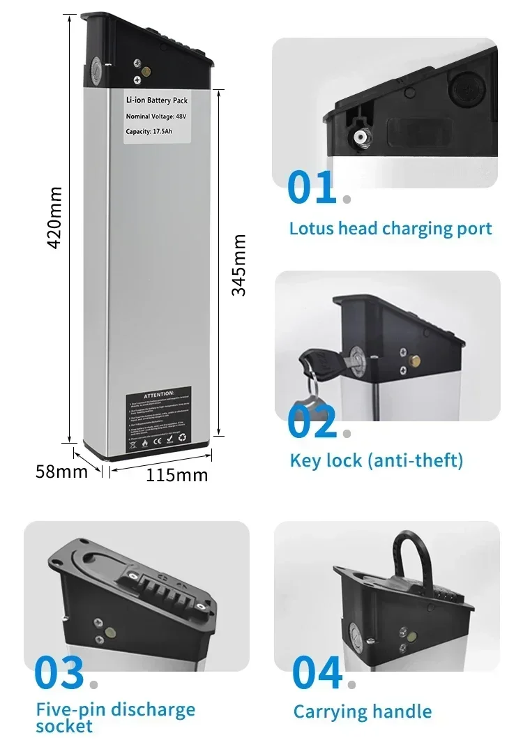 DCH-009 aluminum folding ebike battery case measuring 420x115x58mm with key lock handle