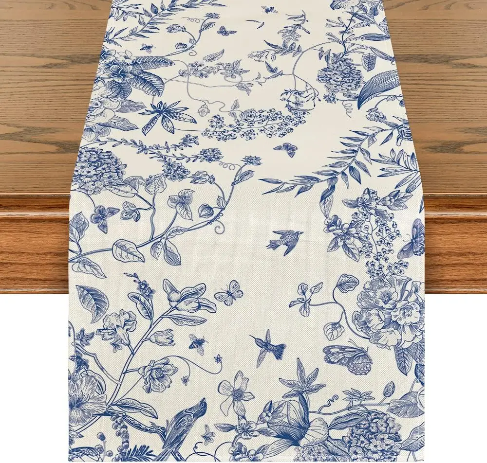 Porcelain Birds Linen Runner 1