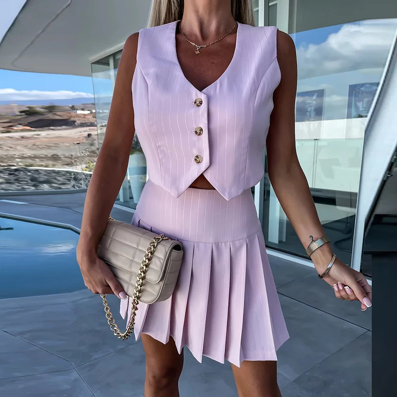 

Summer Solid Color High Street Outfits Summer Sleeveless Button Vest Tops+Pleated Skirts 2pc Set Female Temperament Commute Suit