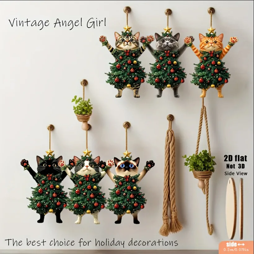 6PCS 2D Flat Wooden Christmas Cat Ornaments Cute Christmas Tree Cat Pendant Festival Supplies 2026 New Year Xmas Decor Gift
