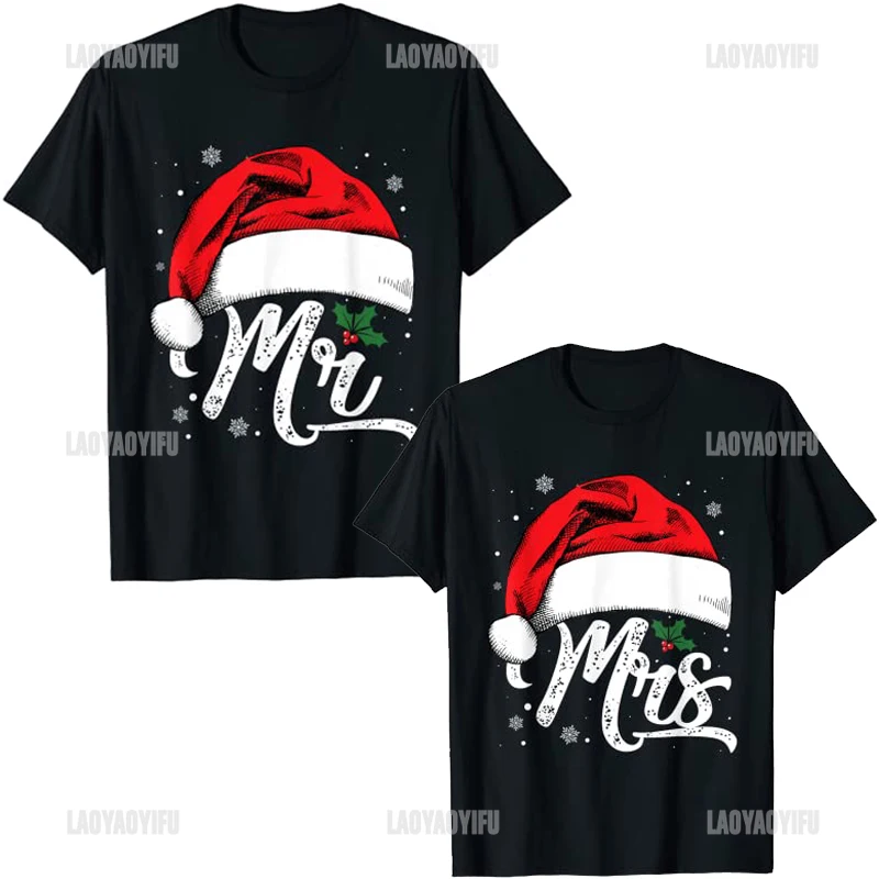 

2024 New Style Mrs and Mr Santa Hat Christmas Couples Matching Pajamas Xmas T-Shirt Graphic Tee Tops O-neck Printing T-shirt
