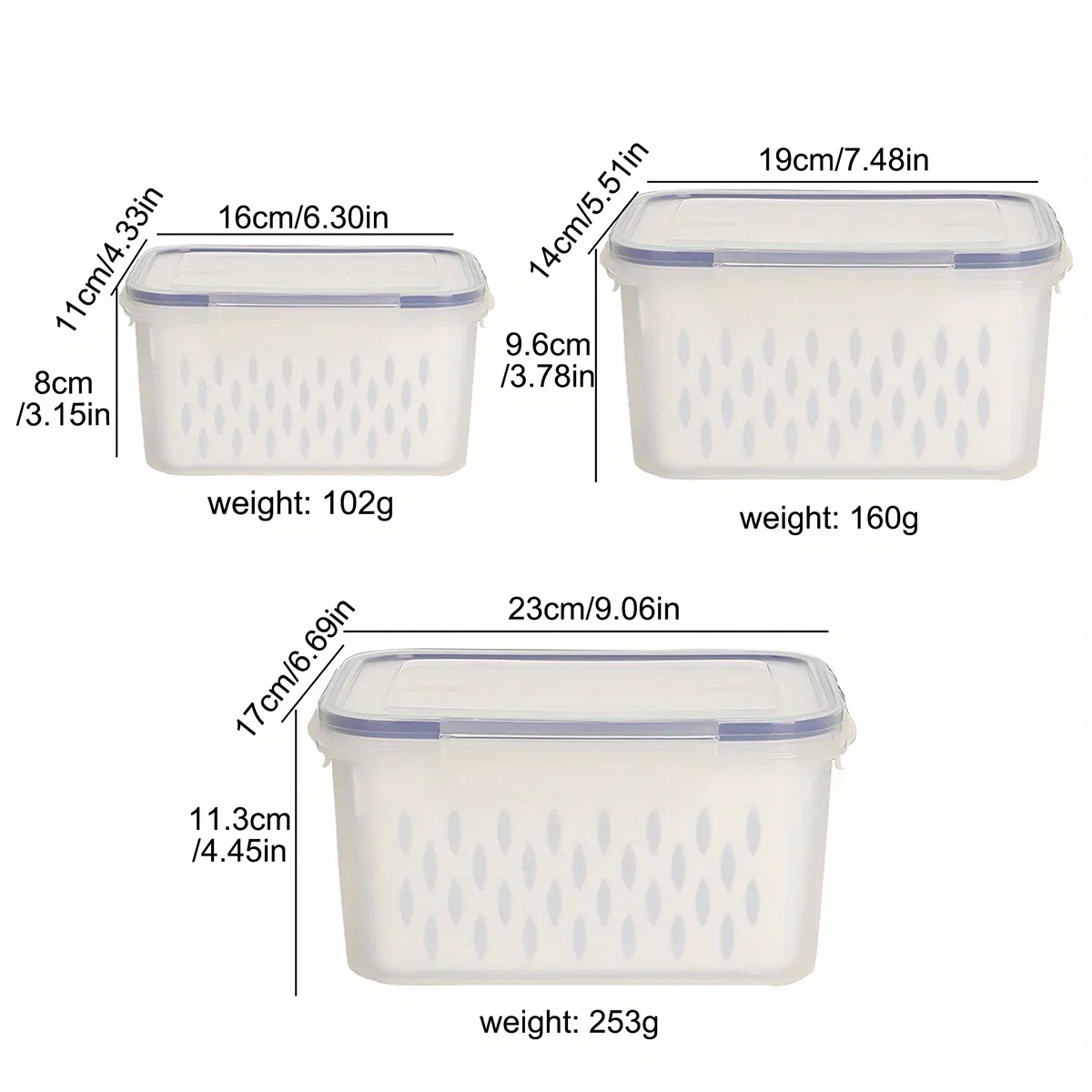 Space-saving food container with drainage holes for kitchen efficiency.