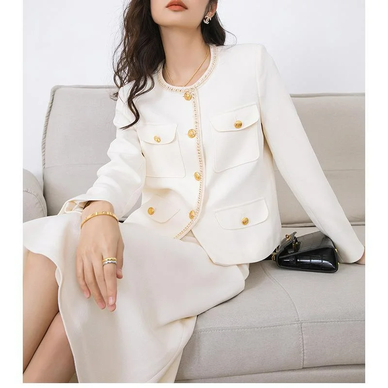 

White Acetate Skirt Suits Xiaoxiangfeng Blazers Women Autumn Chic Coats Two Piece Tops Set Round Neck Office Ladies Suit Luxury