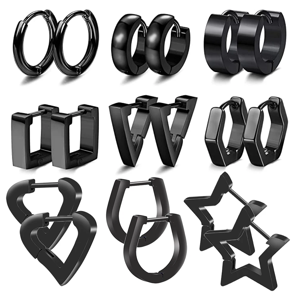 

1 Pairs Stainless Steel Black Hoop Earrings for Men Women Huggie Triangle Square Round Geometric Stud Earrings
