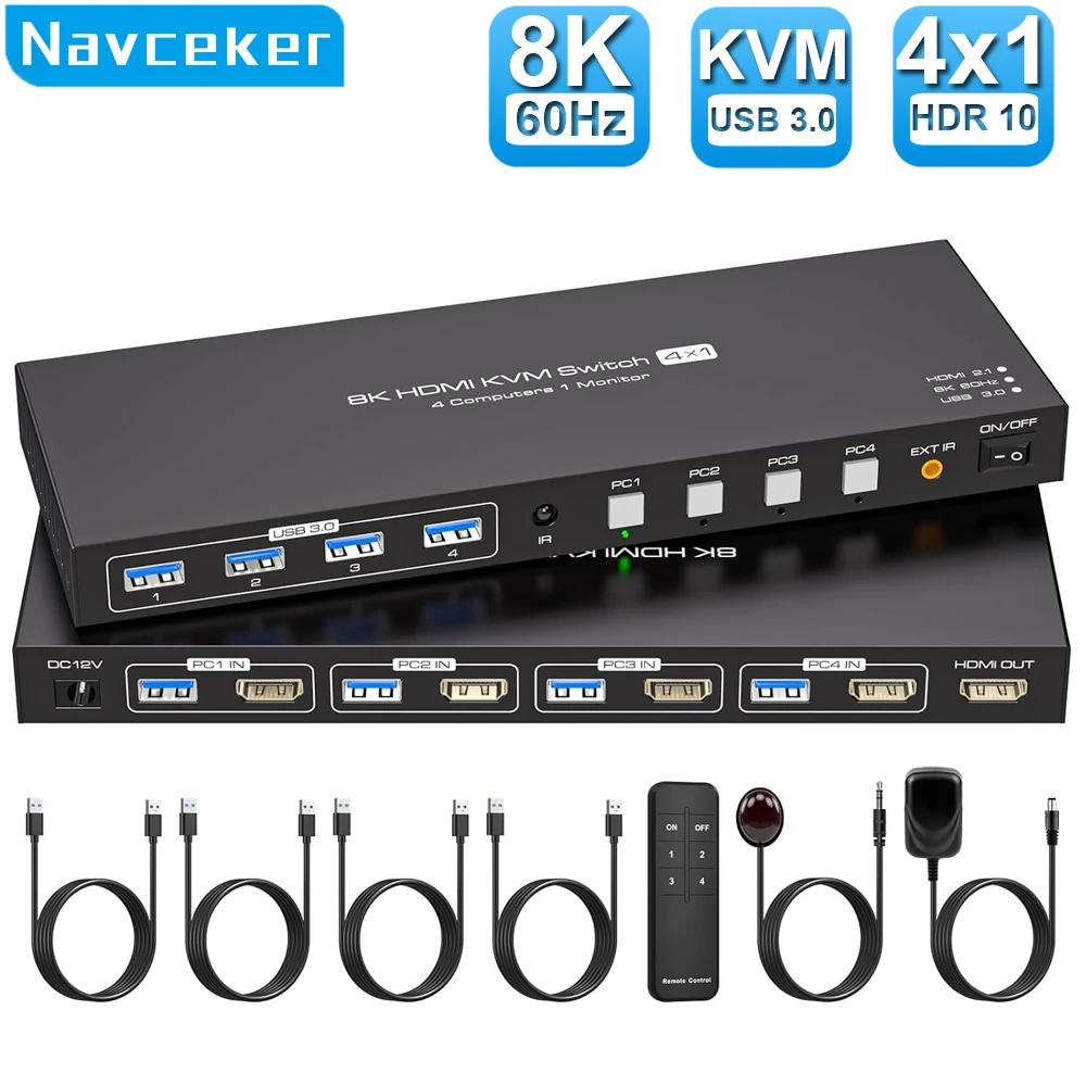 Переключатель квм Navceker 8K HDMI 1 монитор 4 компьютера 4K 144 Гц 4x1 USB 3,0 квм переключатель для 4 ПК поделиться клавиатурой мышью