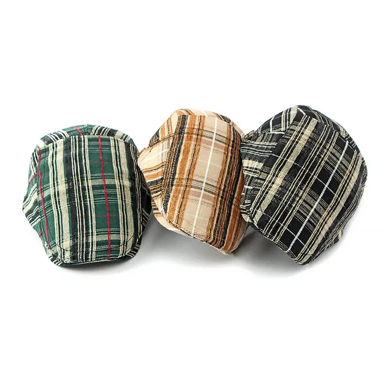 

Autumn Cotton Plaid Print Newsboy Caps Flat Peaked Cap Men and Women Painter Beret Hats 156