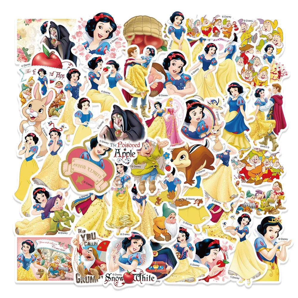 

50PCS Disney Cartoon Snow White Stickers For Skateboard Guitar Laptop Cute Kawaii Sticker Movie Anime Decal Pack Kids Girl Toy
