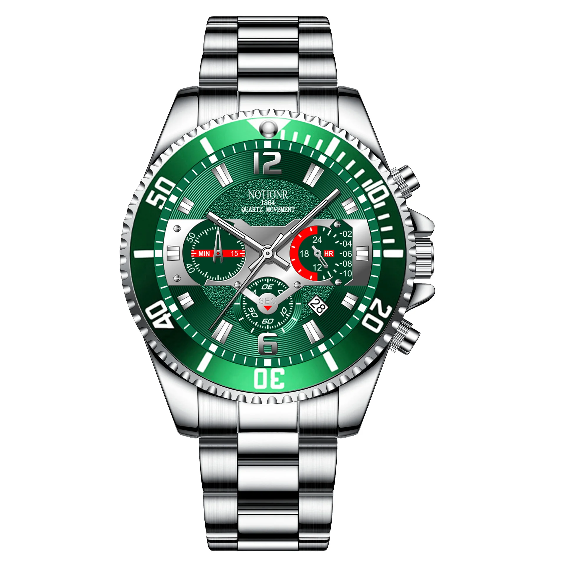 

High-end Men's Quartz Watch Calendar Luminous Waterproof Non-Mechanical Clock Male Stainless Steel Strap Green Diving Wristwatch