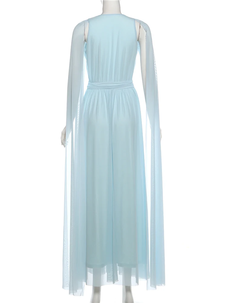 Nibber Flauschiges, elegantes Kleid für Damen, Sommer, V-Ausschnitt, gerüschtes Mesh, lange Ärmel, schmal geschnitten, Patchwork, Advanced Chic, Geburtstag, Bodycon – Detail 5