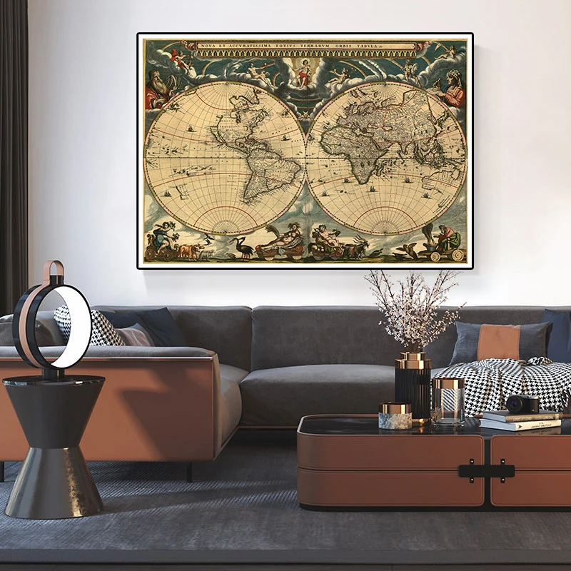 Vintage World Map with Medieval Latin Portuguese Decor Wall Art Poster 150*100cm Living Room Home Decoration School Supplies