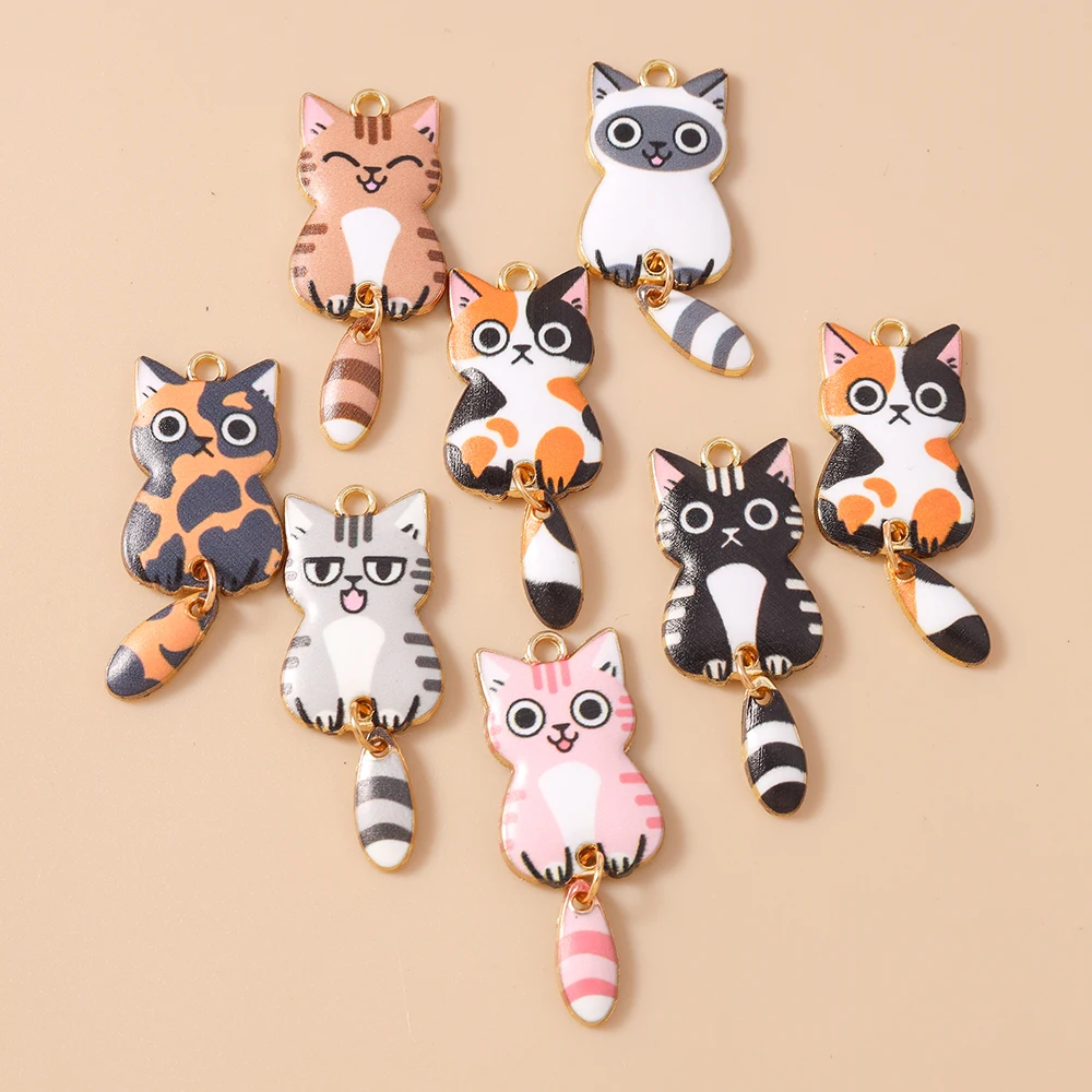 Leslie 10 Stück bunte gestreifte Katzen-Charms, schöne süße gepunktete Katzen-Anhänger für Halskette, Ohrringe, Schlüsselanhänger, DIY-Schmuckherstellung