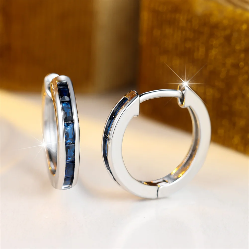 Geometric Zircon Blue Crystal Small Round Hoop Earrings For Women Trendy Silver Color Ear Buckle Wedding Jewelry Engagement Gift