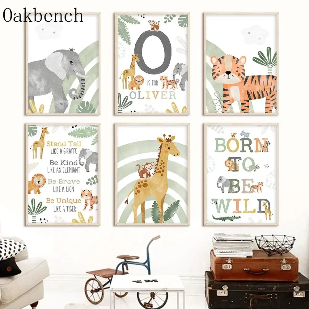 

Custom Name Wall Paintings Animals Art Prints Tiger Giraffe Canvas Poster Wild Print Pictures Nursery Posters Kids Room Decor