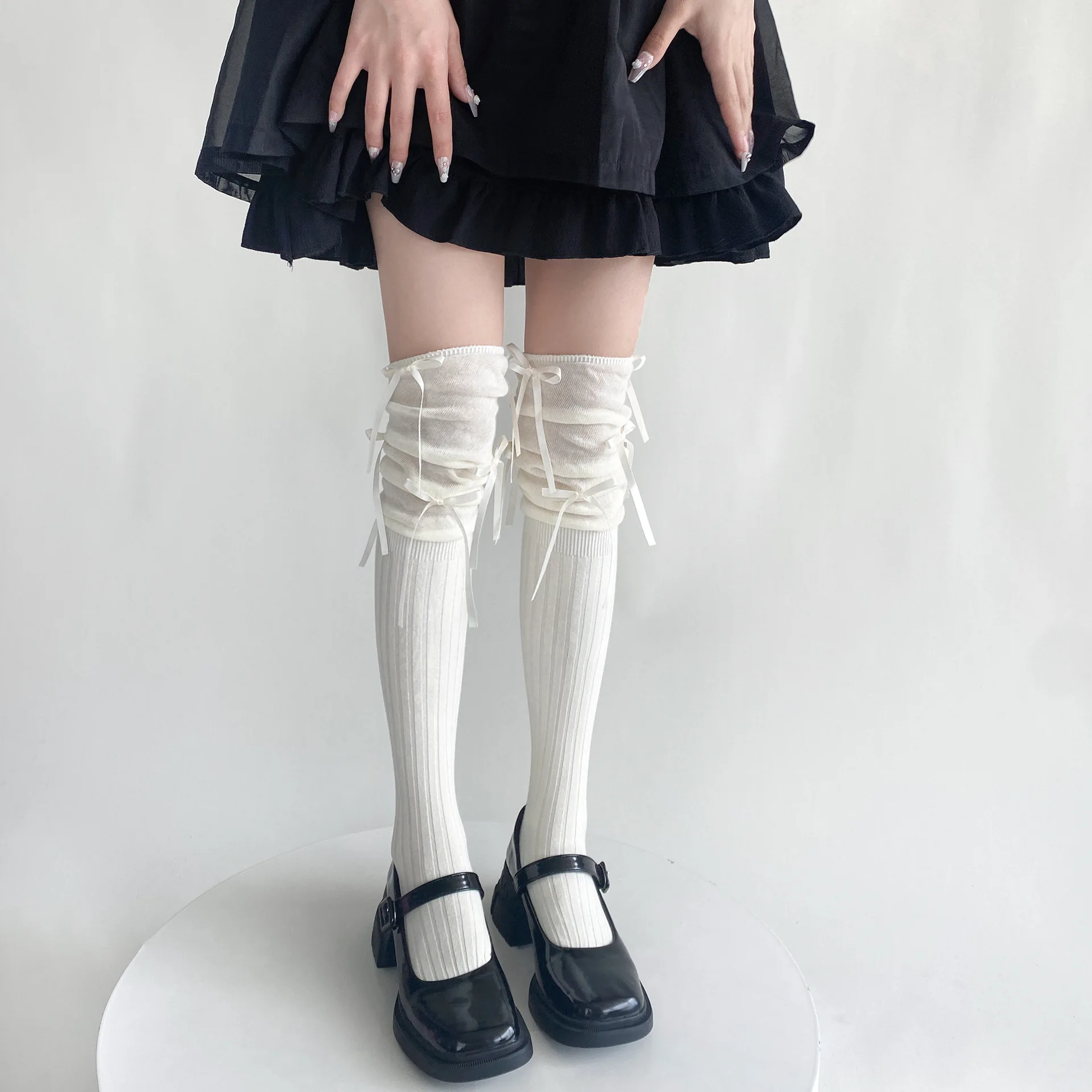 

JK Japanese Style Knee High Socks Stockings Bandage Bow Thigh High Socks Sweet Girls Solid Color Long Socks Thigh High Stockings