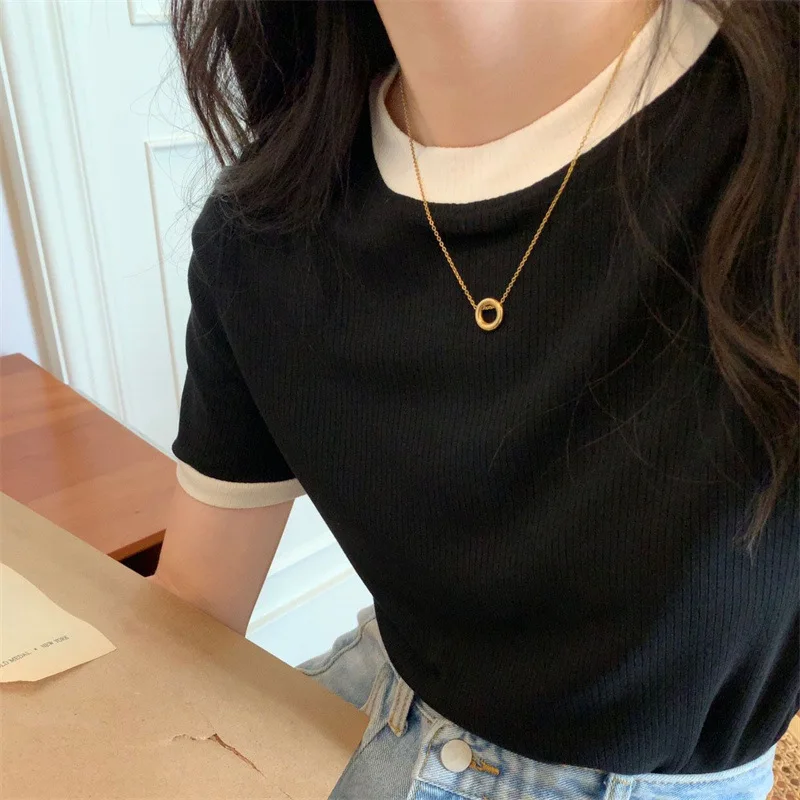 Summer New Crop Tops Fashion Women Slim O-Neck Patchwork Solid Y2K Women's Tops Casual Sweet Vintage Short Sleeve T-shirts 2025 3