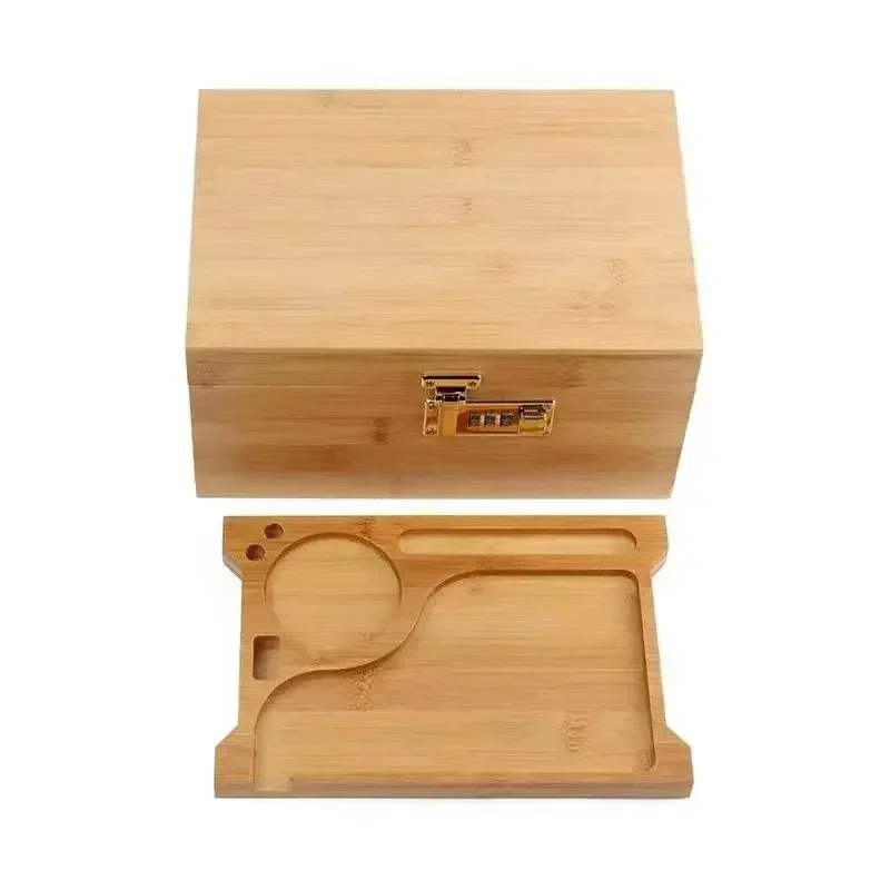 New Bamboo Storage Box with Lock Movable Rolling Tray Tea Cigarettes Operationed Trays Cut Tobacco Reel Handmade Large Stash Kit 4