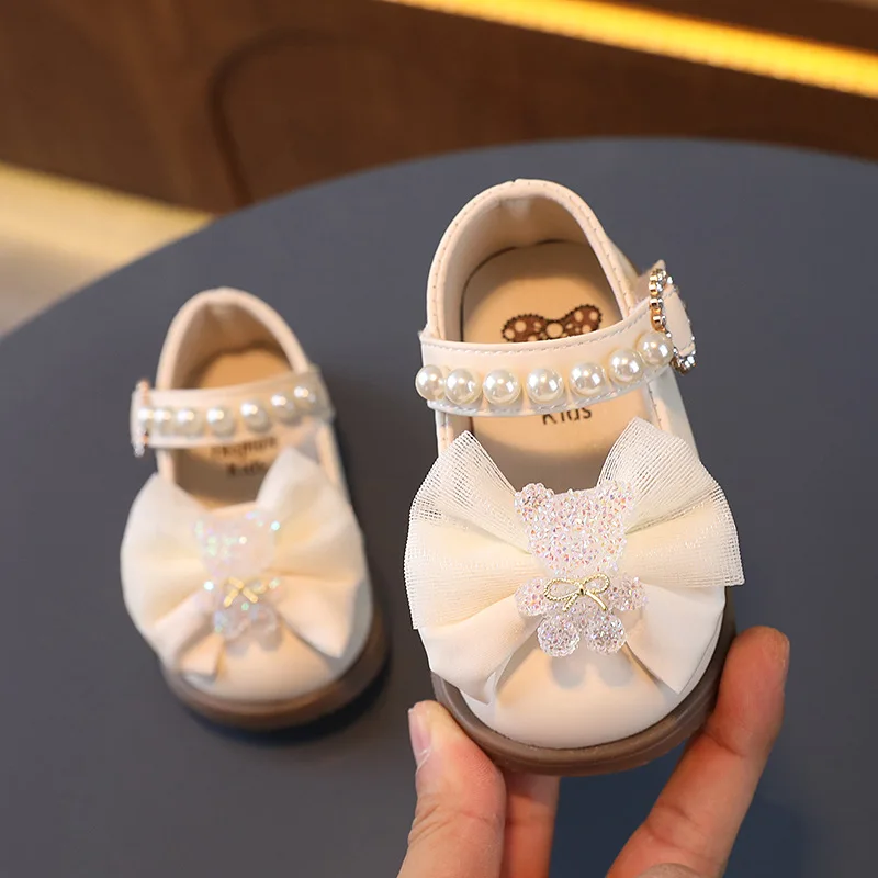 Congme 0-4Yrs Baby Girls Leather Shoes Newborn Toddler Kids Bow Pearl Flat Shoes Cute Crystal Bear Princess Dress