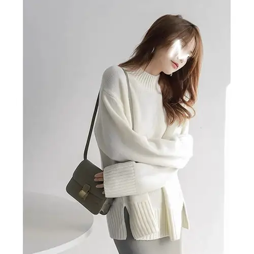 European100% pure cashmere sweater women's half turtleneck slit short sweater lazy loose knit base shirt 2023 autumn and winter - Image 10
