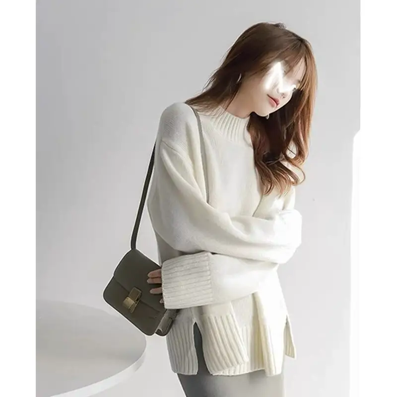 European100% pure cashmere sweater women's half turtleneck slit short sweater lazy loose knit base shirt 2023 autumn and winter - Image 10