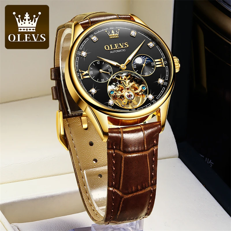 OLEVS Brand New Fashion Tourbillon Mechanical Watch for Men Leather Strap Waterproof Luxury Diamond Moon Phase Mens Watches