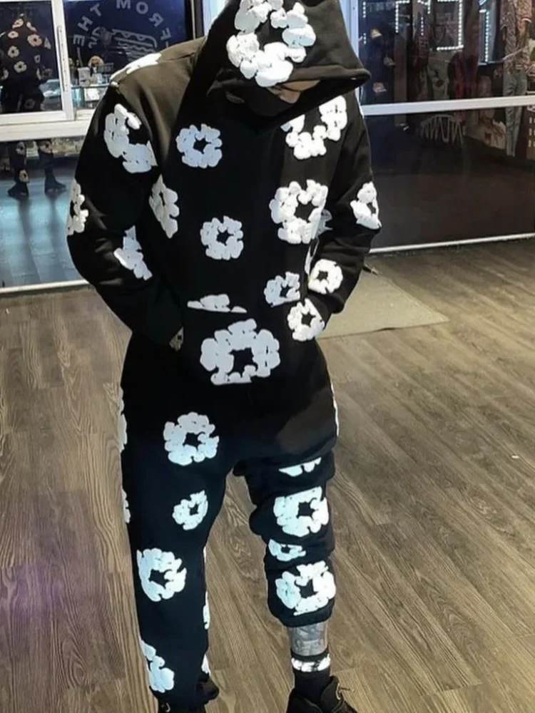 Hooded Sweatshirts Men Flower Printed Hoodie Sweatpants 2 Piece Set Long Sleeve Pullover Sweatershirt Suit Elastice Waist Trousers Outfits