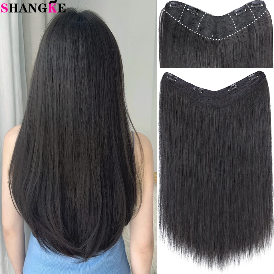 SHANGKE Synthetic Long Straight V-tip Clip in Hair Extension Heat Resistant Wavy False Hair High Temperature Fiber Hairpiece