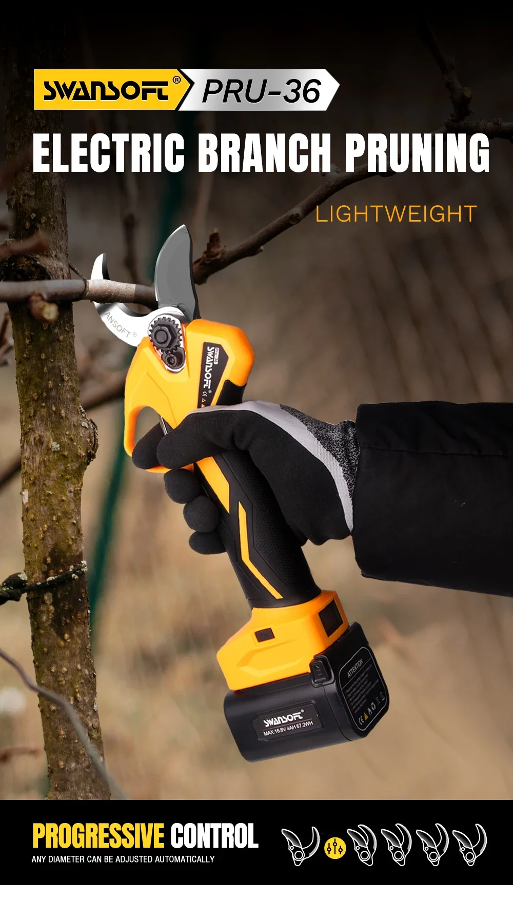 SWANSOFT Kabellose Elektrische Gartenschere 36mm – 900W Bürstenloser Motor mit 4Ah+2Ah Akku für Garten- und Obstbaum-Beschneidung – Detail 1