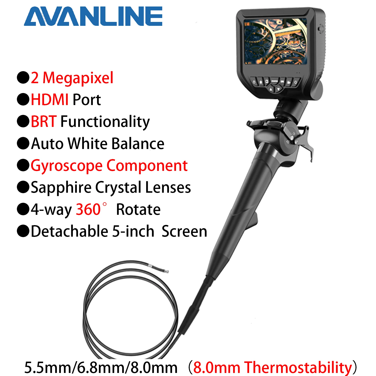 AVANLINE 360 Degree Articulating Borescope 1080P 5.5mm Endoscope BRT Function Auto White Balance