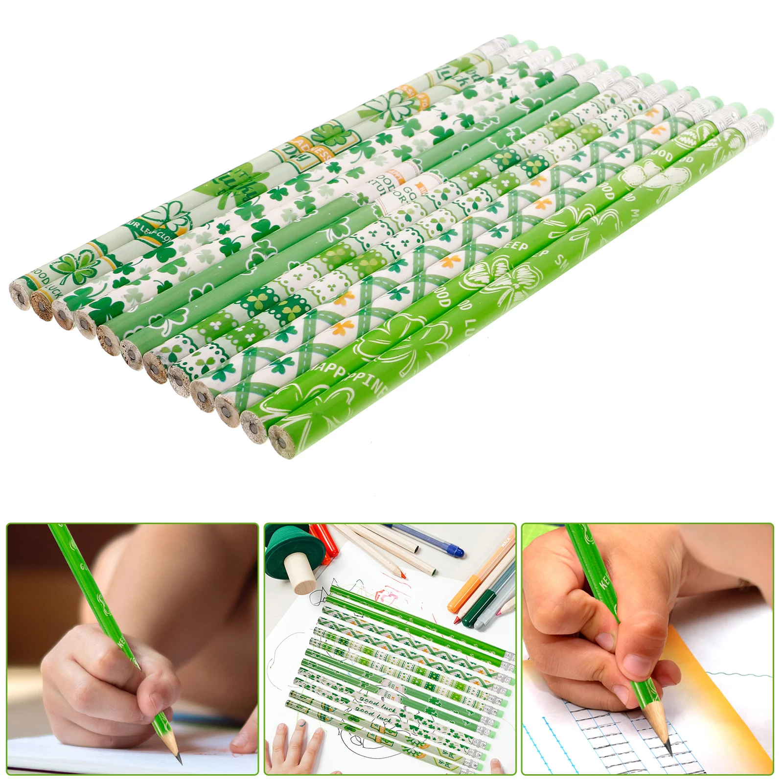 

St Patricks Day Pencils Shamrock Clovers Novelty Stripe Assorted Kids Lucky Wood Eraser Stationery Party Supplies