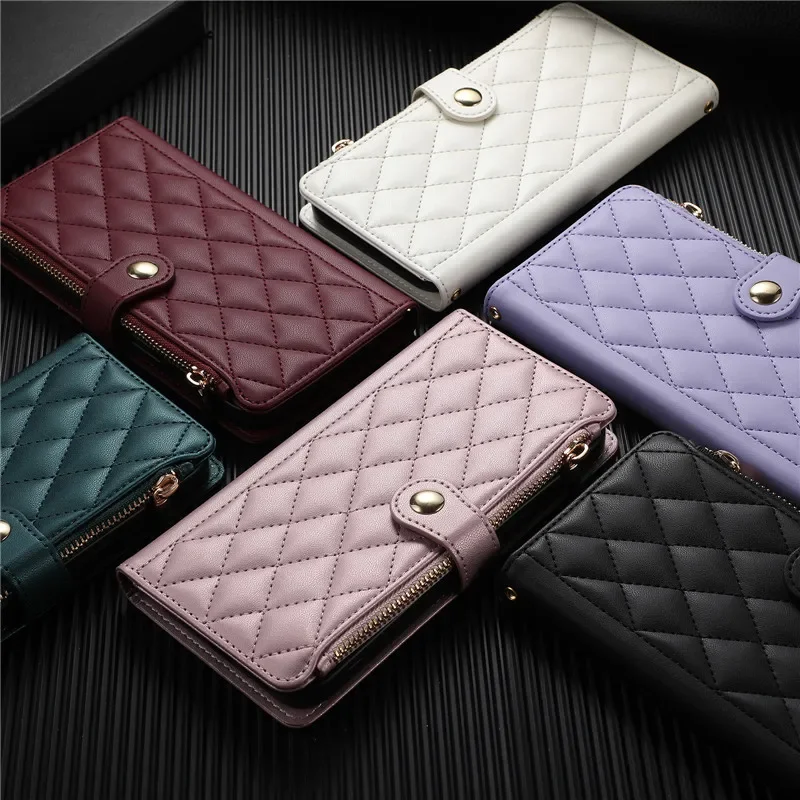 Rhombus Grid Flip Wallet Phone Case with Long Hanging Rope