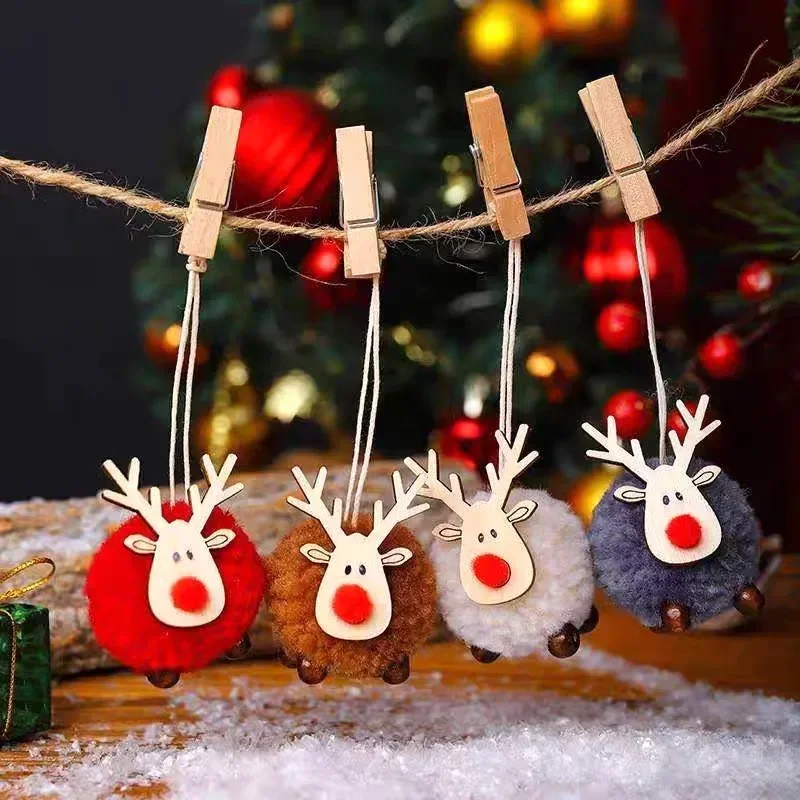 Christmas Decorations 20/1Pcs Christmas Felt Wooden Elk Hanging Ornaments Cute Reindeer Xmas Tree Decor Pendants New Year Party Kids Gifts Decoration