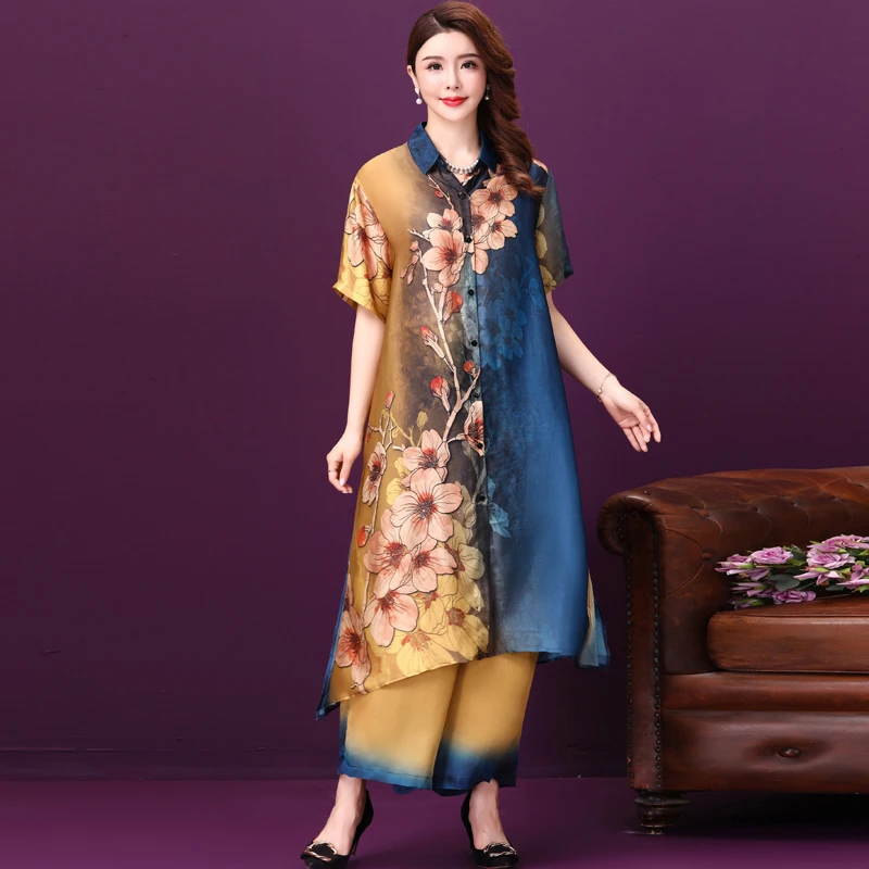 

Женский Длинный Шелковый кардиган с винтажным принтом, Свободный Топ с широкими штанинами, костюм из двух предметов с цветочным принтом, богемный облегающий костюм с большими брюками, лето 2023