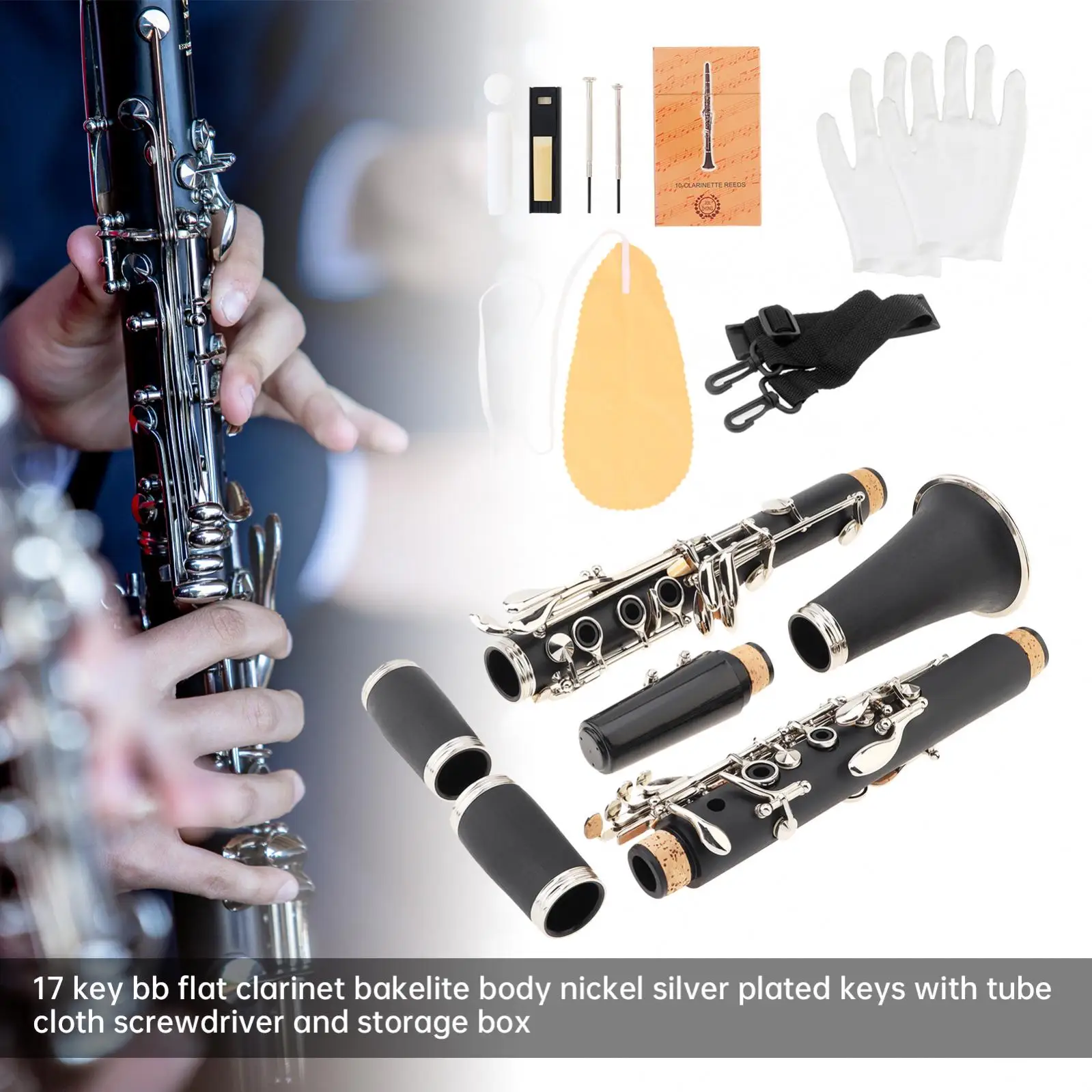 17 Key bB Flat Clarinet Bakelite Body Nickel Silver Plated Keys with Tube Cloth Screwdriver and Storage Case