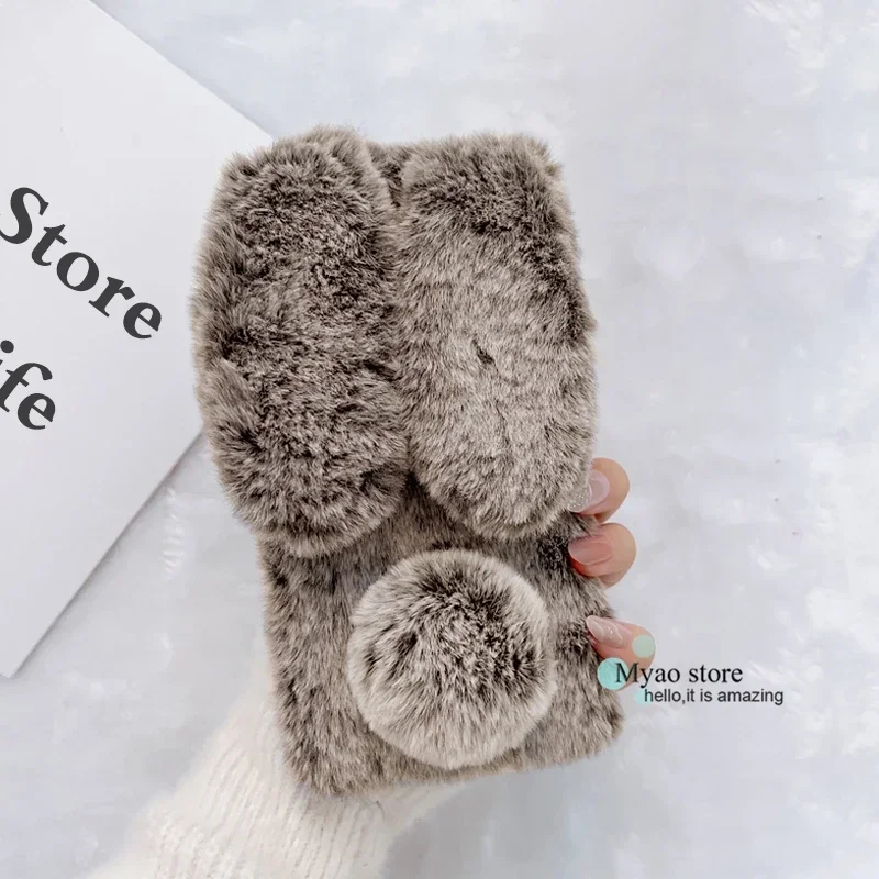3D Teddy Dog Cartoon Phone Case with Cute Rabbit Fur Cover