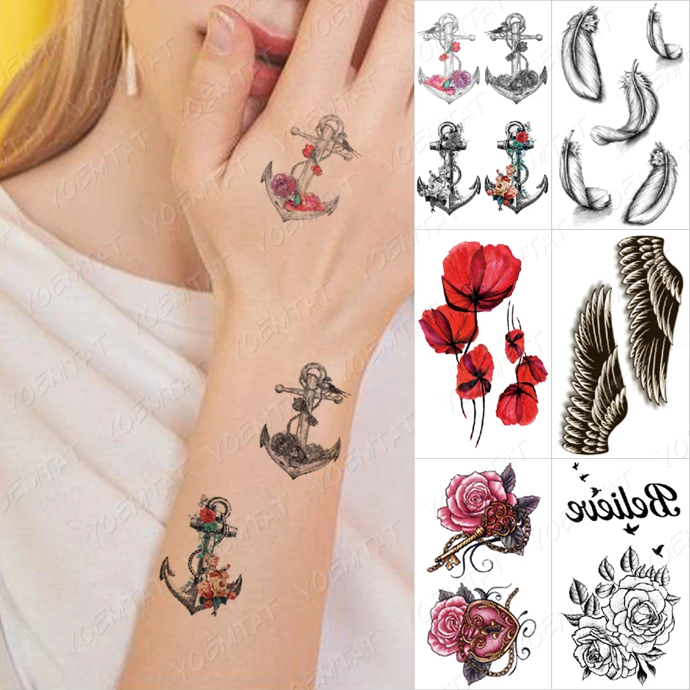 

Waterproof Temporary Tattoo Stickers Anchor Feather Wing Rose Flower Flash Tatto Body Art Fake Tattoos Women Men Arm Ankle Wrist