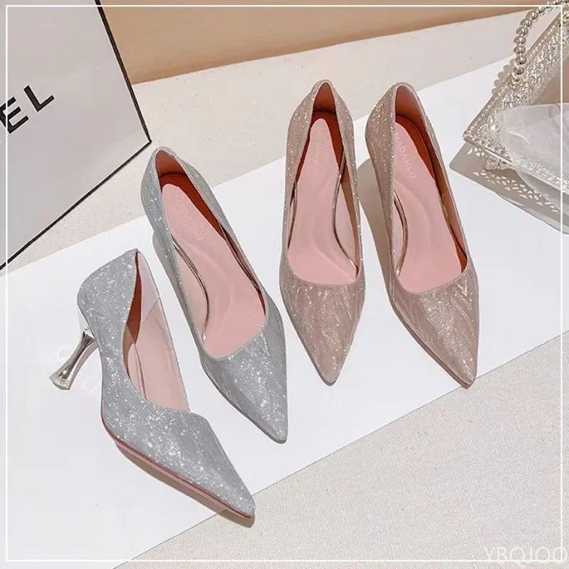 Trendy Women's High-heeled Single Shoe Pointed New Versatile All Season Shallow Mouth Temperament Sequined Women's Shoes Luxur 6