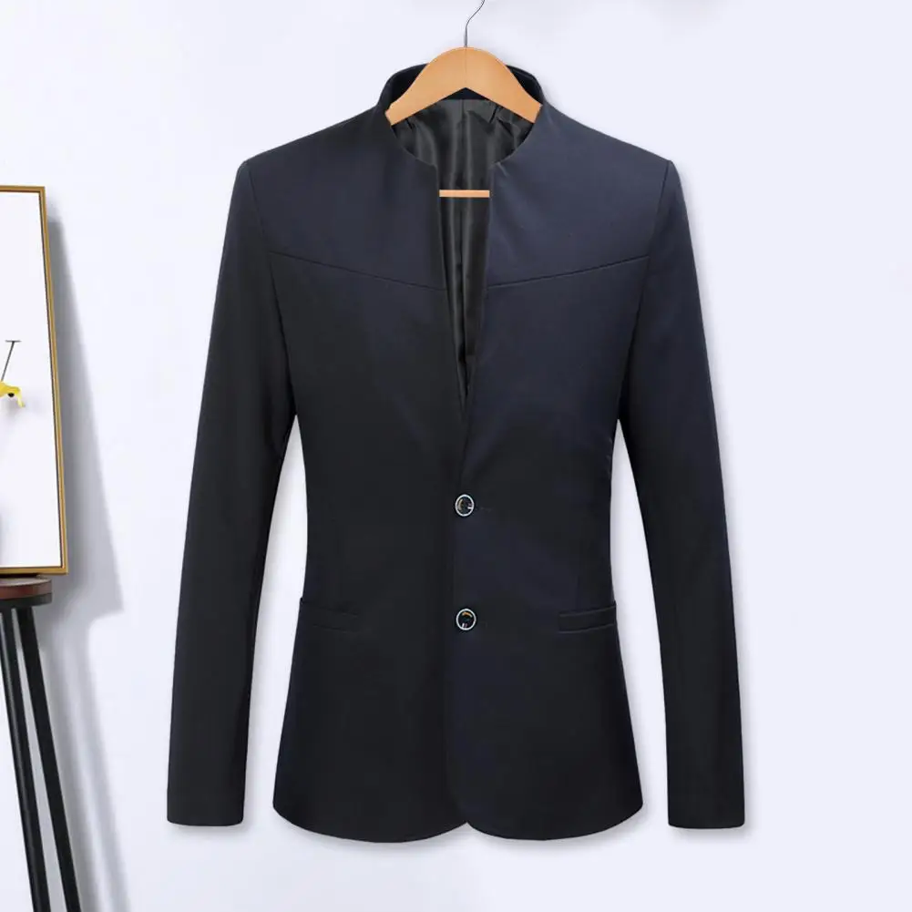 

Men Casual Suit Jacket Stand Collar Long Sleeve Two Buttons Pockets Slim Fit Blazer Solid Color Business Suit Coat Workwear