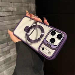Dual Invisible Folding Magnetic Stand Phone Case with Frosted Frame and Clear Acrylic Cover for iPhone 12 Pro Max (Dark Purple)
