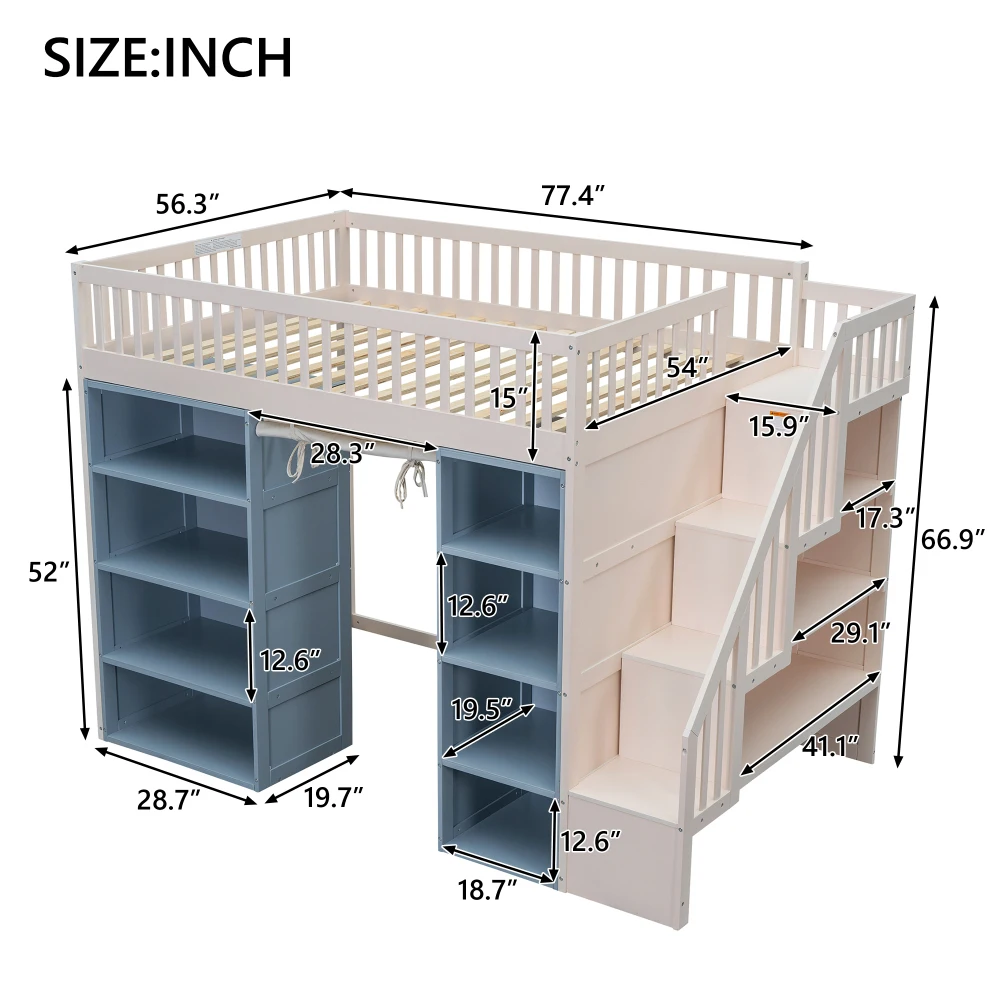 Full Size Loft Bed 2 Four-layer Storage Cabinets and Curtain,Blue Kids Beds for Boys Twin Bed ,White Frame Kids Beds for Girl US 4