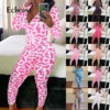 Echoine Womens Sexy printing Home Onesies Jumpsuit Sleepwear long Sleeve V Neck Bodycon Bodysuit Romper trousers pajamas 1