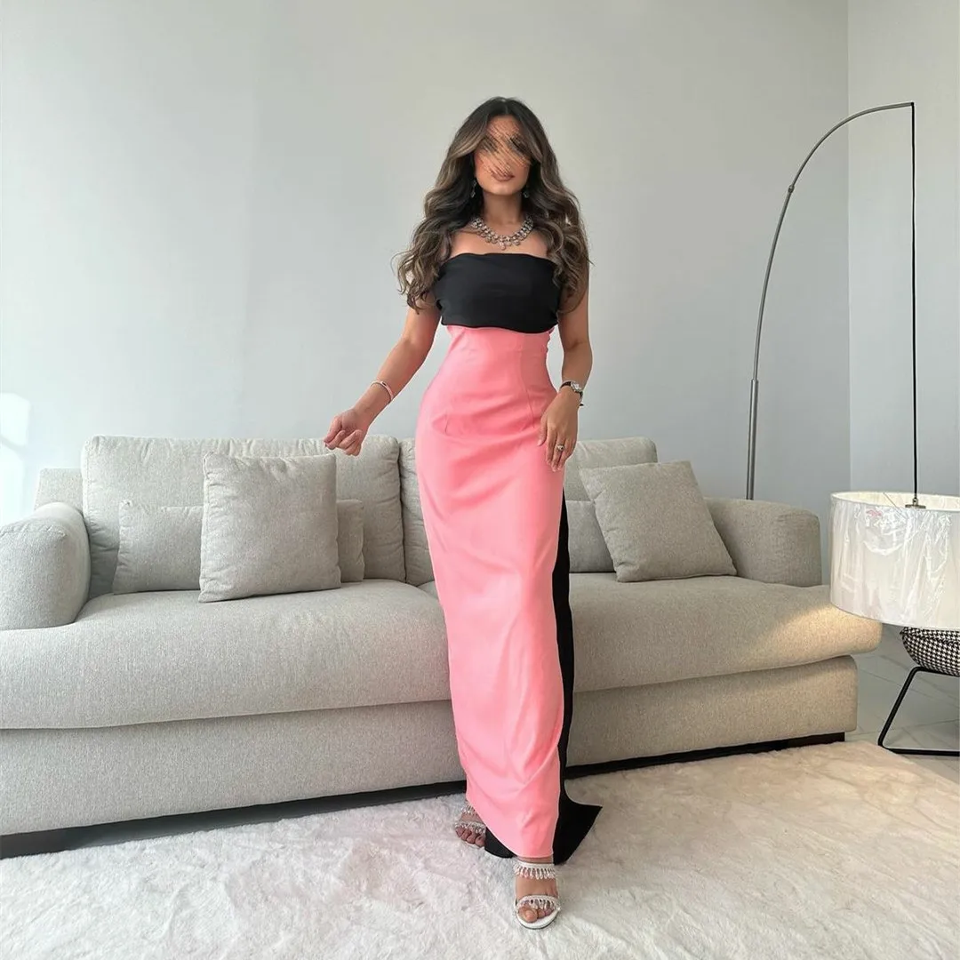 

Long Pink Satin Evening Dresses Sheath Pleated Ankle Length Vestidos de noite Prom Formal Dress for Women