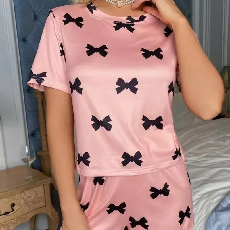Fashion Casual Women's Bow Pink Short-sleeved Round Neck T-shirt Pajamas Shorts Set Sweet Home Wear Two-piece Set