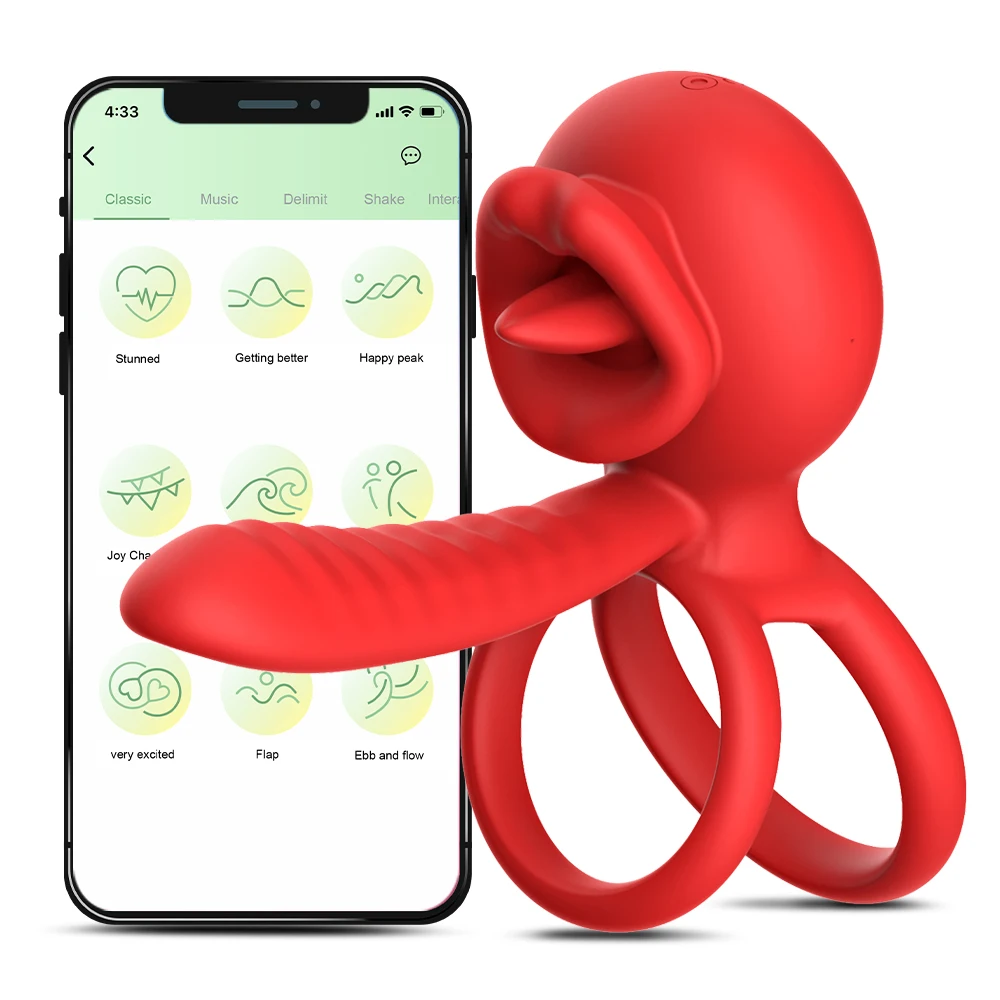 APP Vibrating Cock Ring Sleeve Rose Clitoral Vibrators Tongue Clit Stimulator Anal Plug Prostate Massager Sex Toys for Men Wome