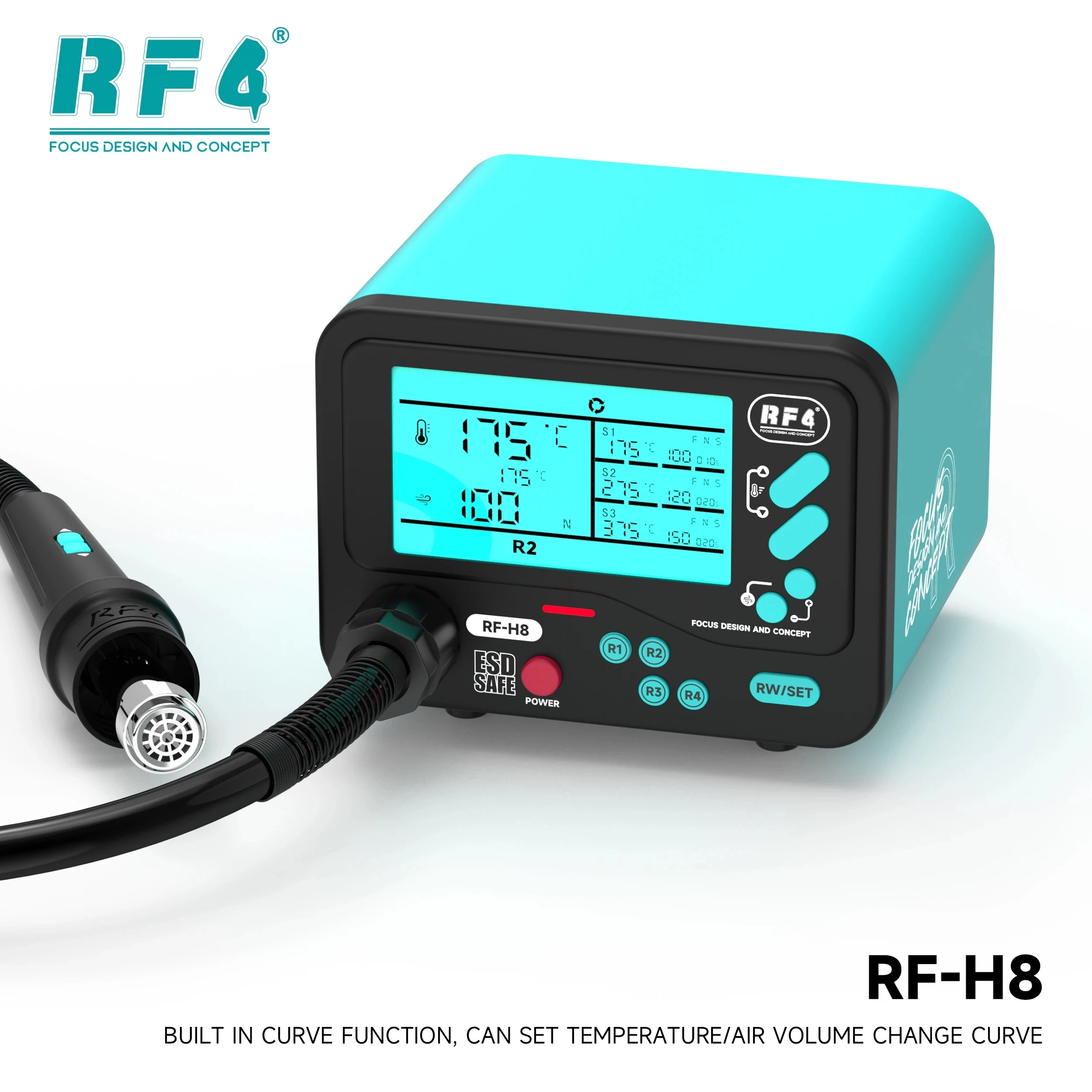 RF4 RF-H8 열풍 리워크 스테이션, 독점적인 4채널 메모리, 섬세한 부품에 대한 3단계 온도 지속 시간 자유롭게 설정 가능