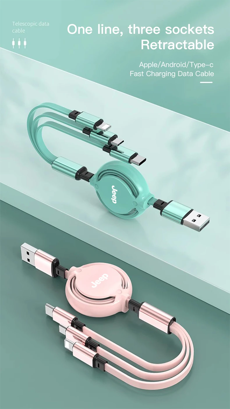Jeep 3-in-1 einziehbares USB-Kabel, schnelles Lade- und Datenkabel für Jeep Grand Cherokee Wrangler JK Gladiator Compass Renegade Patriot – Detail 1