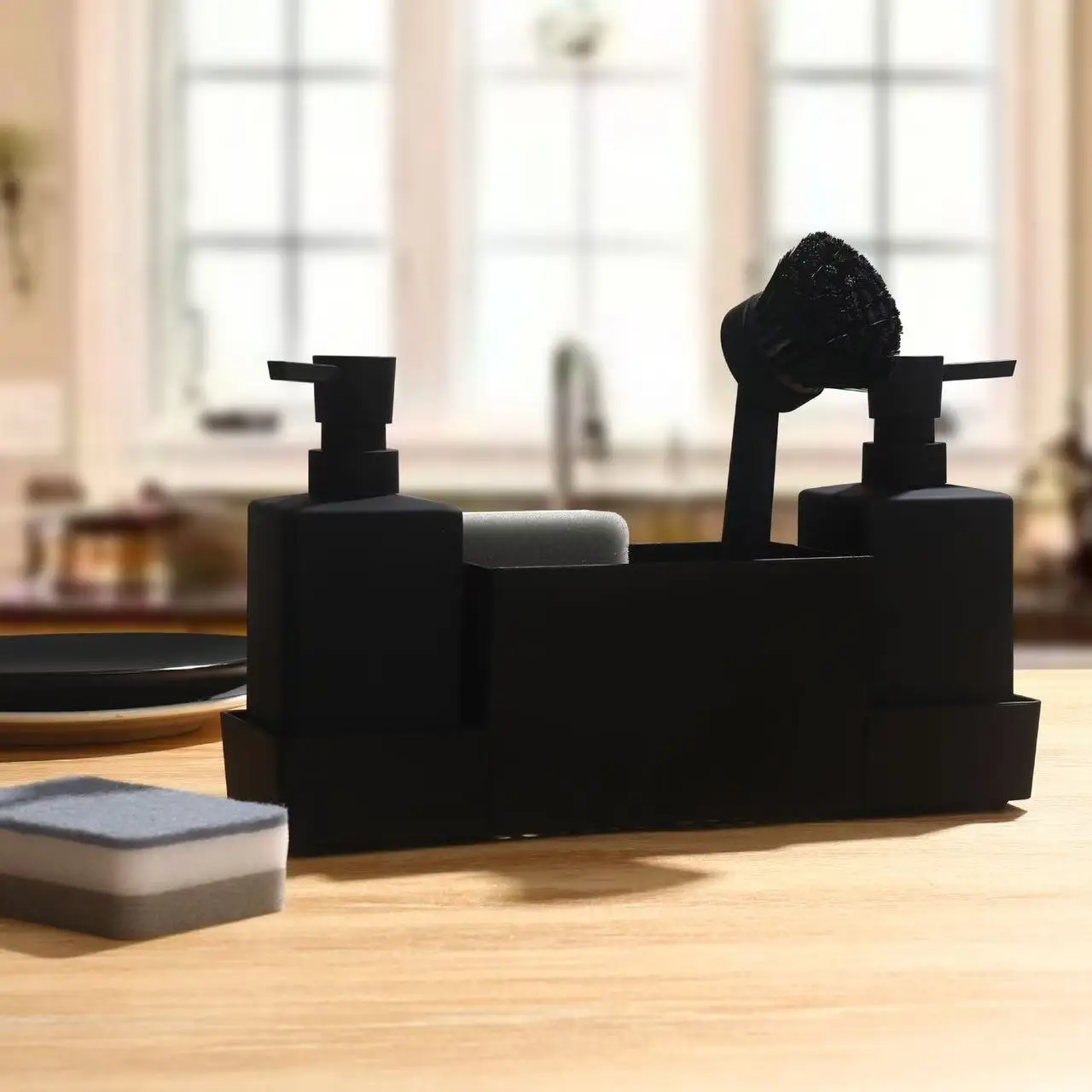 Kitchen soap dispenser with sponge holder and dishwashing brush, for hand washing and dishwashing, bottle with tray