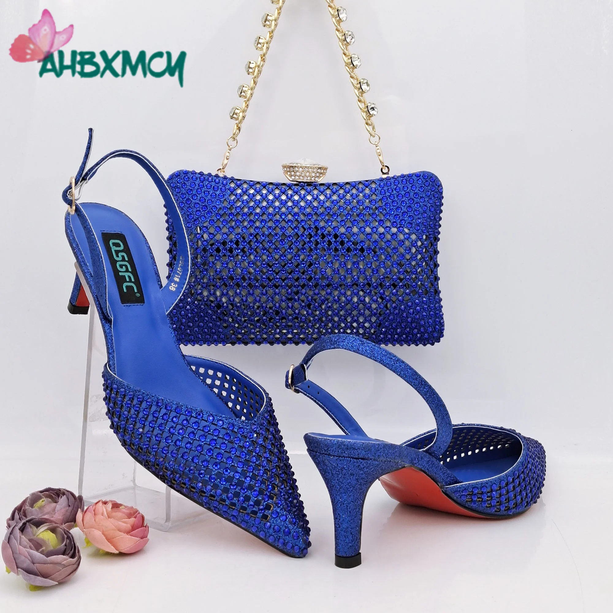 

SweetStyle New Arrivals Italian Women Shoes Matching Bag Set with Shinning Crystal with Thin Heels for Garden Party in Royal Blu