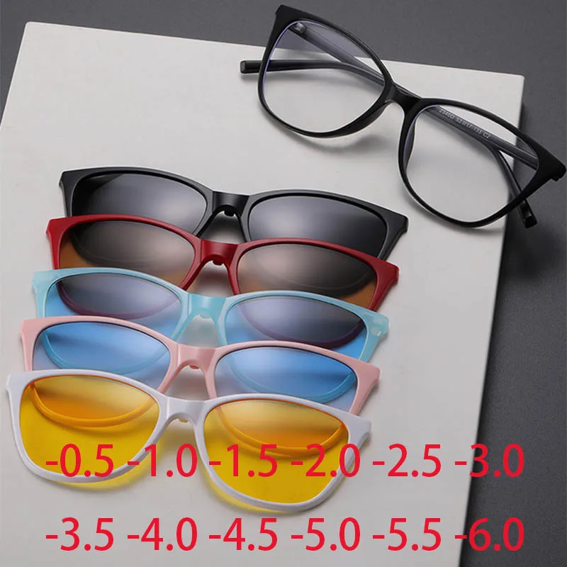 

2340D New Retro Set Of Sunglasses For Women Cat Eyes Magnetic Clip Sun Glasses TR Cat Eyes Frame -0.5 -1.0 -2 to -6